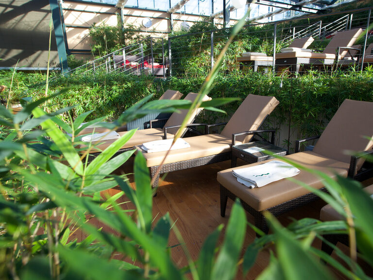 Ein stilvoller Stuhlarrangement im Glashaus des Jammertal Resorts.